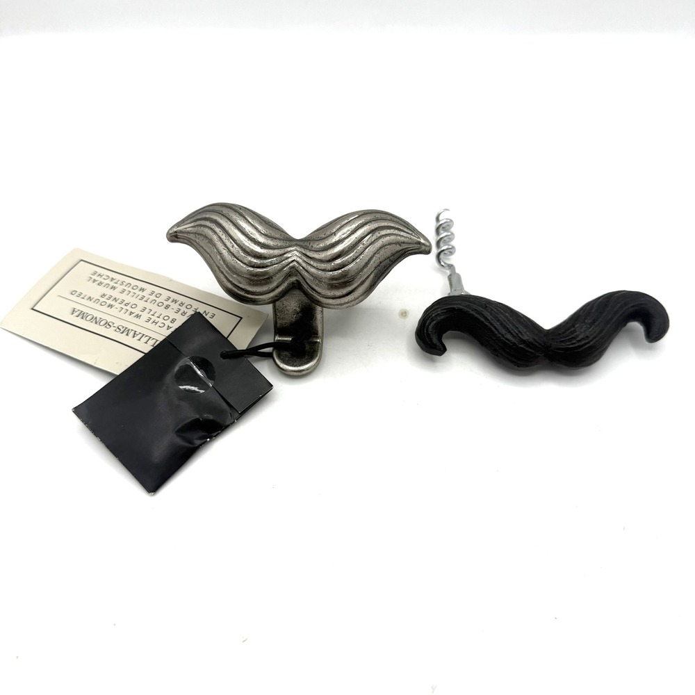 Williams Sonoma Mustache Bottle Opener & Corkscrew Set Silver Black NEW NWT